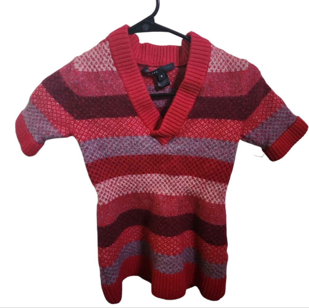Marc Jacobs Black Label Wool Tunic Sweater V Neck Striped SZ S Short Sleeved